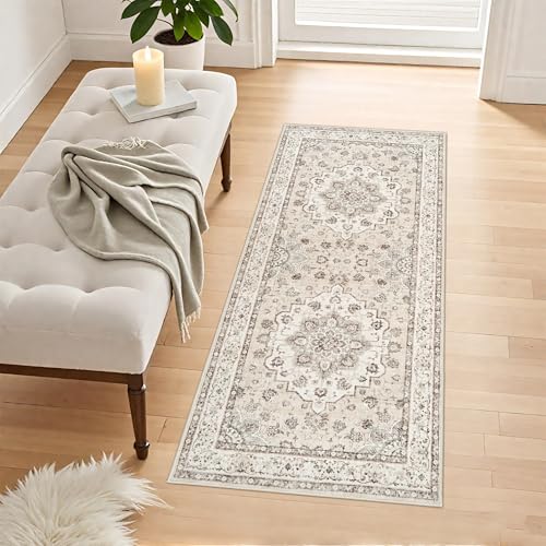 Washable Hallway 2x5 Runner Rugs: Oriental Non-Slip Kitchen Carpet Distressed Low Pile Indoor Rug for Bedroom Entryway Vintage Soft Non Shedding Floor Mat for Living Room Bathroom (2x5,Cream/Beige) - color: Cream Beige, size: 2' x 5' (Rectangular)
