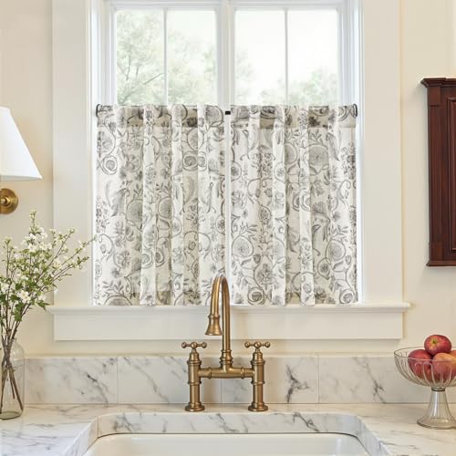jinchan Linen Floral Kitchen Tier Curtains 30 Inch 2 Panels Grey on Beige - color: Classic | Grey on Beige, size: 26"W x 30"L (Pack of 2)