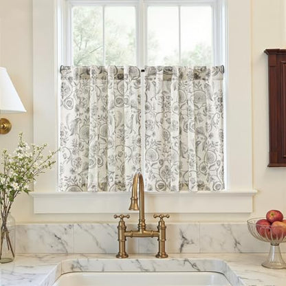 jinchan Linen Floral Kitchen Tier Curtains 30 Inch 2 Panels Grey on Beige - color: Classic | Grey on Beige, size: 26"W x 30"L (Pack of 2)