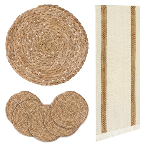 Round Woven Placemats Set of 6, with 72 Inches Long Farmhouse Macrame Table Runner Burlap Cotton Linen Table Runners Chargers for Dinner Plates, Beige & Brown - color: Beige & Brown, size: 12 x 72 Inches, 6Pcs Round