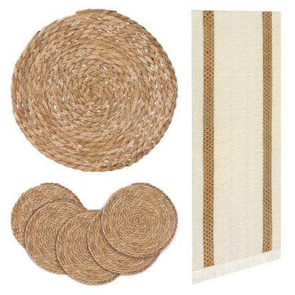 Round Woven Placemats Set of 6, with 72 Inches Long Farmhouse Macrame Table Runner Burlap Cotton Linen Table Runners Chargers for Dinner Plates, Beige & Brown - color: Beige & Brown, size: 12 x 72 Inches, 6Pcs Round
