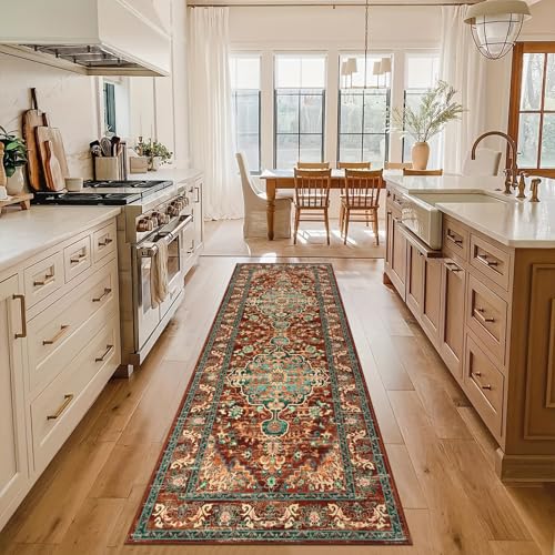 U'Artlines 2' x 6' Boho Hallway Runner Rug, Washable Carpet, Rust＆Teal - color: Rust＆teal, size: 2' x 6' (Runner)