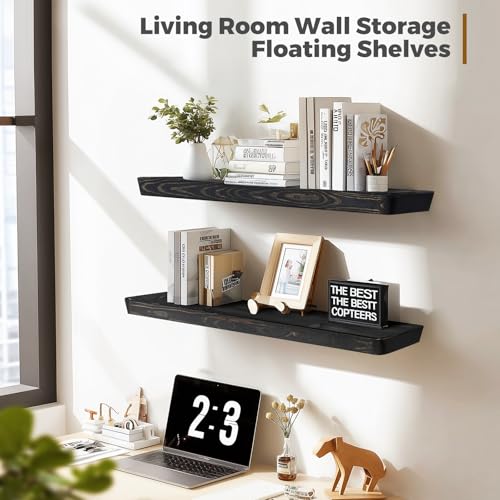 36x6.8x1.6in Slanted Solid Wood Floating Wall Shelves 2-Pack Black - color: Black, size: 36"-Set of 2