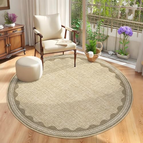 GarveeHome Scalloped Jute Print 6 ft Round Rug Washable Non-Slip Soft Ultra-Thin Small Modern Cottage Core Solid Tan Circle Carpet for Kitchen Bedroom Nursery Dining Room Tan - color: Jute, size: 6' (Round)