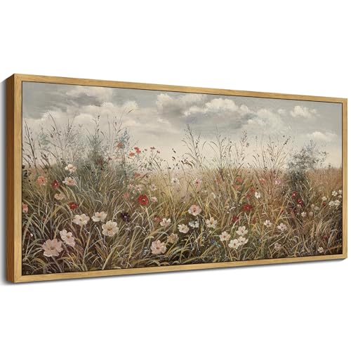 KUVIOKE Vintage Landscape Framed Wall Art Meadow Wildflower Field Wall Prints Classic Retro Farmhouse Rustic Decorations for Living Room Bedroom 8x16in (Natural Framed) - color: Wildflower Field, size: 16"L x 8"W