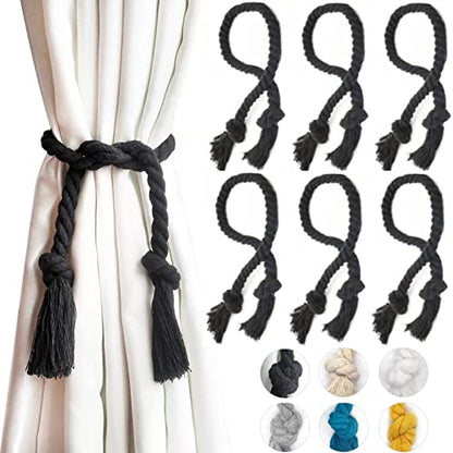 6 Pack Curtain Ties Rope, Outdoor Curtain Tiebacks for Patio Gazebo Pergola Cabana, Natural Cotton Curtain Holders, Village Rural Rustic Farmhouse Curtain Holdbacks for Drapery, Black - color: Black Rope 6 Pack