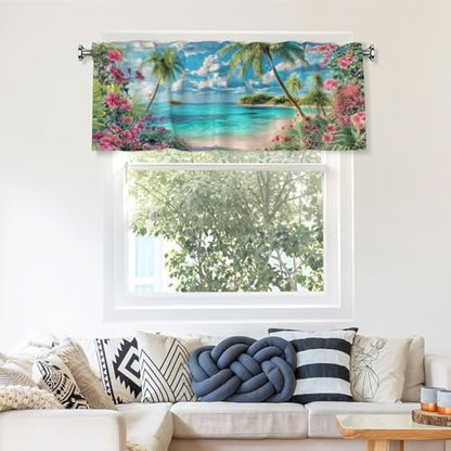 Beach Palm Tree Curtain Valance 54x18 Inches Window Treatment Rod Pocket Valance for Kitchen Bathroom Bedroom - color: Beach Palm Tree