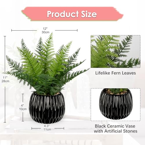 DILATATA Faux Plant Indoor in Ceramic Pot 11" Artificial Potted Fern Fake House Plants for Desk Office Bathroom Garden Decoration - Black - color: Style #1-black