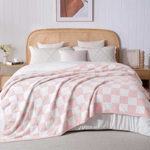 Exclusivo Mezcla Checkered Knit Blanket Twin Size for Bed, Pink - color: Pink, size: Twin (60"x80")