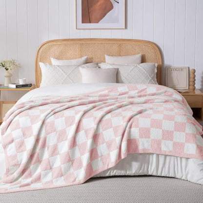 Exclusivo Mezcla Checkered Knit Blanket Twin Size for Bed, Pink - color: Pink, size: Twin (60"x80")