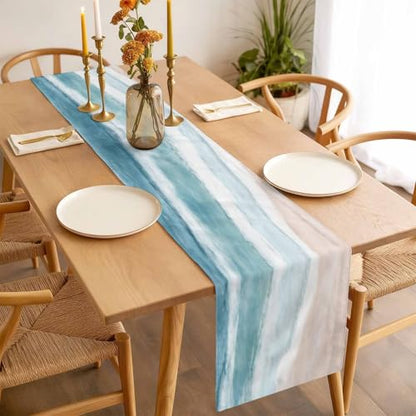 Ombre Coastal Table Runner 36 Inches Long,Summer Ocean Beach Beige Cotton Linen Table Runners Dresser Scarves,Gradient Blue Waves Fabric Tabletop Scarf Furniture Cover for Home Dinner Party 13"x36" - color: Light Blue Green Beige, size: 13x36 Inches