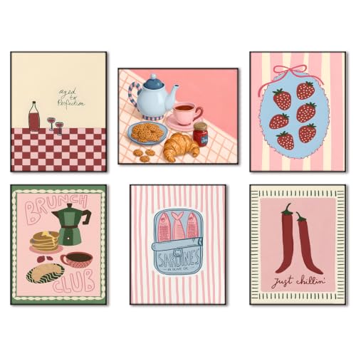 Mynotix Coquette Food Kitchen Wall Art Set of 6 Brunch Club Canvas Poster Strawberry Coffee Cocktail Sardines Wall Decor Print for Dining Room Apartment Cafe, 12x16 inch Unframed - color: Kitchen, size: 16"L x 12"W