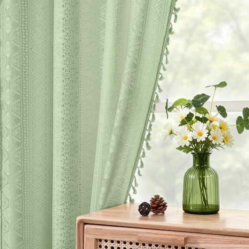 Green Boho Sheer Lace Window Curtains with Tassel, 40" Wx95 Lx2 - color: Green, size: 40"W x 95"L (Pack of 2)