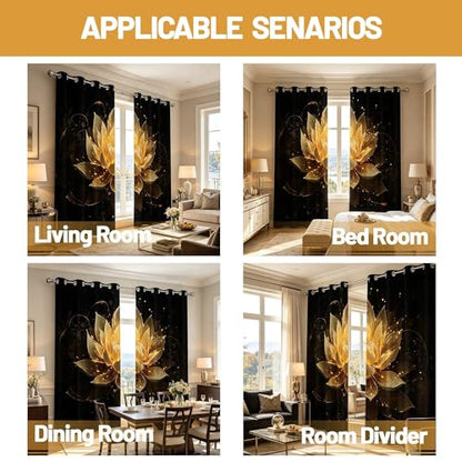 Black and Gold Blackout Curtains, Lotus Drapes 84 inches length, 2 Panels - color: Black and Gold, size: 52"W x 84"L (Pack of 2)