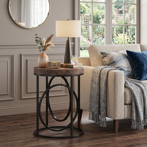 LITTLE TREE 20” Round End Table with Thick Wood Top，Modern Sofa Side Table with Gold O-Shaped Base, Midcentury Accent Table Cocktail Table Nightstand for Living Room Bedroom - color: Rustic Brown+black