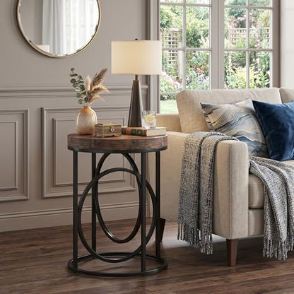 LITTLE TREE 20” Round End Table with Thick Wood Top，Modern Sofa Side Table with Gold O-Shaped Base, Midcentury Accent Table Cocktail Table Nightstand for Living Room Bedroom - color: Rustic Brown+black