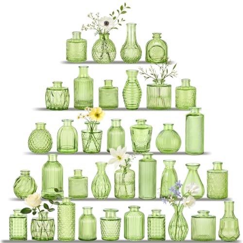 UPBUD Green Glass Bud Vases Set of 36, Small Vases for Flowers - color: Green