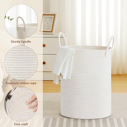 58L Tall Cotton Rope Laundry Basket with Handles, White - color: White, size: 58L