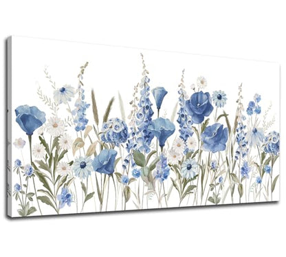 Elegant Blue White Flowers Wall Art Botanical Canvas Prints, 24"x48" - color: Blue White Botanical Flowers, size: 48"L x 24"W