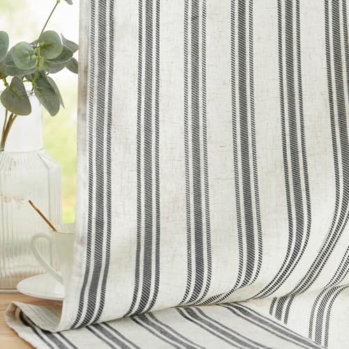 jinchan Linen Striped Tier Curtains for Kitchen Windows Farmhouse - color: Boho Black | on Linen, size: 26"W x 24"L (Pack of 2)