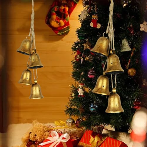 styleonme Decorative Bells, 4-Piece Set of Harmonious Bells, Vintage Handmade and Rustic Lucky Christmas Bells Hanging on a Rope, Gifts for Mom, Grandma, and Women - color: Brass