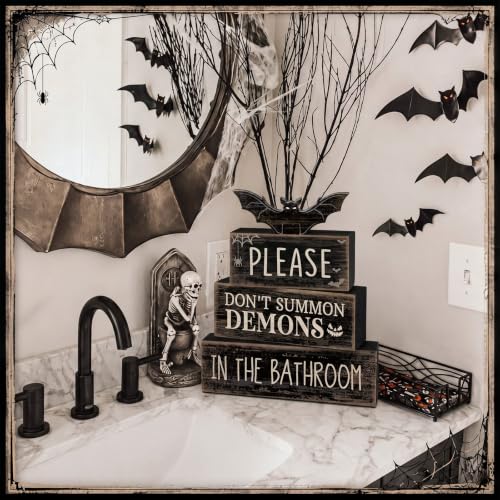 Moucuny 4 Pcs Halloween Bathroom Decoration Gothic Bat Wooden Stacked Block - style: Bat & Demon