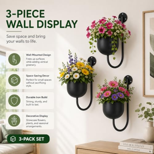 3 Pack Wall Mounted Plant Holders, Metal Hanging Planters & Wall Plant Decor