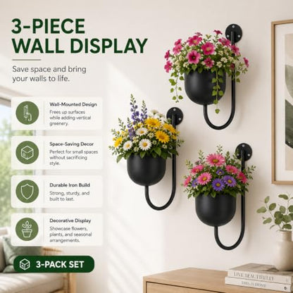 3 Pack Wall Mounted Plant Holders, Metal Hanging Planters & Wall Plant Decor