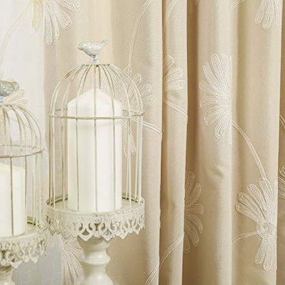 VOGOL Floral Embroidered Grommet Curtains, 52 x 63, 2 Panels, Beige - color: Beige, size: 52"W x 63"L (Pack of 2)