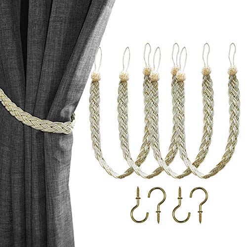 Home Queen Hand Braided Curtain Tie Back, Buckle Holdback Drapery Curtain Tiebacks, 4 Rope Belt Curtain Tie with 4 Metal Hooks, Beige and Silver - color: Beige+silver, size: 4 Pack