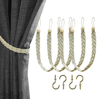 Home Queen Hand Braided Curtain Tie Back, Buckle Holdback Drapery Curtain Tiebacks, 4 Rope Belt Curtain Tie with 4 Metal Hooks, Beige and Silver - color: Beige+silver, size: 4 Pack