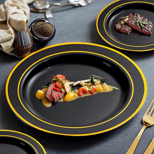 bUCLA 150 Pieces Black and Gold Disposable Dinnerware Set - 25 Guests Black Gold Plastic Plates Include 25 Dinner & 25 Dessert Plates, 25 Spoons, 25 Forks, 25 Knives, 25 Cups for Party & Graduation - color: Black/Gold