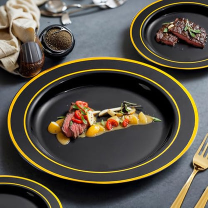 bUCLA 150 Pieces Black and Gold Disposable Dinnerware Set - 25 Guests Black Gold Plastic Plates Include 25 Dinner & 25 Dessert Plates, 25 Spoons, 25 Forks, 25 Knives, 25 Cups for Party & Graduation - color: Black/Gold