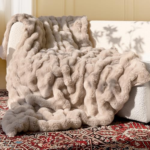 Ultra Soft Cozy Faux Fur Throw Blanket, Fuzzy Plush Thick Bubble Blanket, Oversize Luxury Fluffy Blanket for Couch, Sofa, Bedroom, and Living Room, 50x60 Inches, Light Brown - color: Bubble Light Brown, size: Throw(50" X 60")