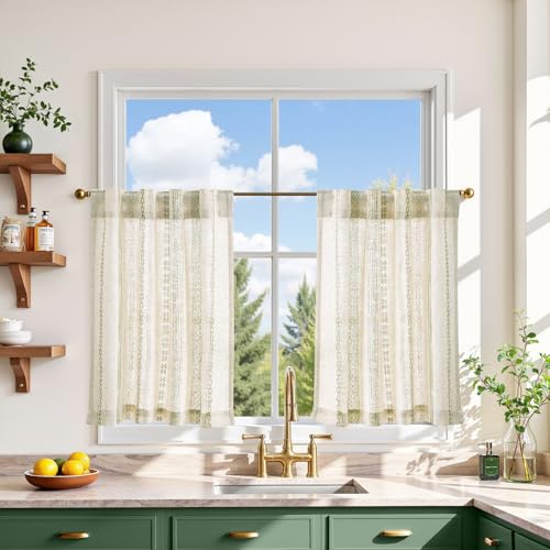 jinchan Liora Green Boho Linen Tier Curtains 24 Inches Back Tab 2 Panels - color: Liora | Green on Linen, size: 26"W x 24"L (Pack of 2)
