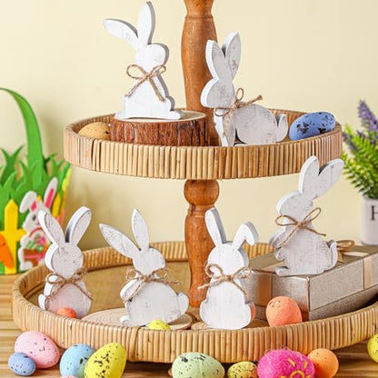 Thinkday 6 Pcs Easter Bunny Wooden Signs Rabbit Spring Table Signs for Home Office Table Wood Bunny Easter Decorations with Ribbons for Tiered Tray Mantel Shelf (Simple Style) - style: Simple Style
