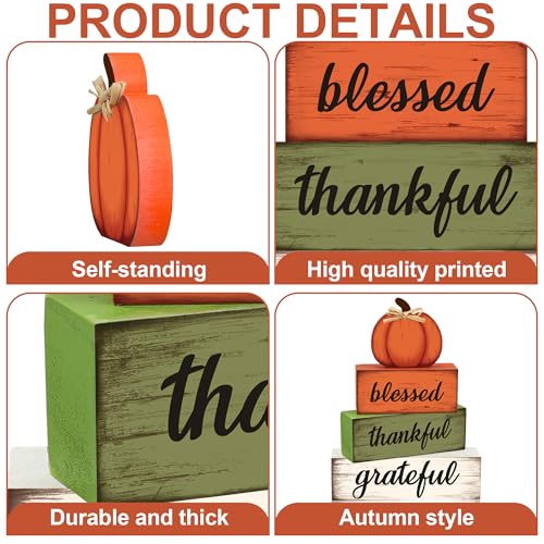 4 Pcs Fall Wooden Table Sign Fall Wooden Tiered Tray Decor Thankful Blessed Grateful Tabletop Signs Farmhouse Pumpkin Wood Blocks for Autumn Thanksgiving Harvest Home Kitchen Table Shelf Decor