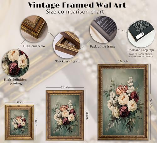 VZKRHPGA Vintage Gold Framed Flowers Wall Art,Moody Flower Print Prints - color: Blue Flowers, size: 11"L x 9"W