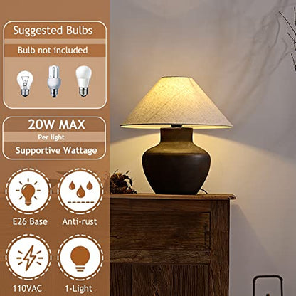 Farmhouse Ceramic Table Lamp Rustic Clay Pot Table Lamps Brown Ceramic Lamp Body with White Drum Shade Decor Bedside Nightstand for Living Room Bedroom House