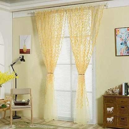 Ufurty 2pcs Willow Leaf Window Curtain Voile Tulle Sheer Vine Curtains - color: Yellow Leaf, size: 39.4"W x 78.7"L (Pack of 2)