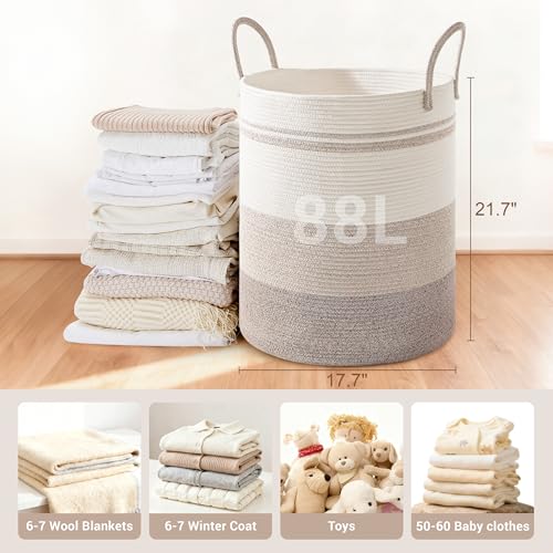 88L Large Tall Cotton Rope Laundry Basket with Handles, Brown Striped - color: Brown Striped, size: 88L