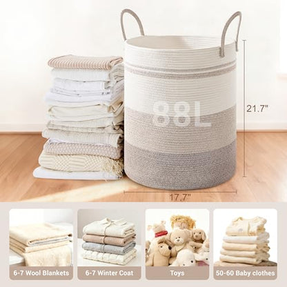 88L Large Tall Cotton Rope Laundry Basket with Handles, Brown Striped - color: Brown Striped, size: 88L