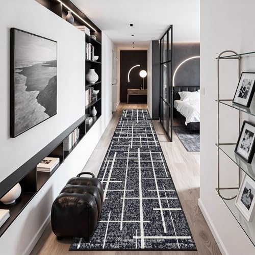 Distressed Stripe 2.6x12 Long Hallway Runner Rug Non Slip,Midnight Black - color: Striped-black/White, size: 2'7" x 12' (Runner)