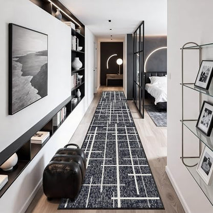 Distressed Stripe 2.6x12 Long Hallway Runner Rug Non Slip,Midnight Black - color: Striped-black/White, size: 2'7" x 12' (Runner)