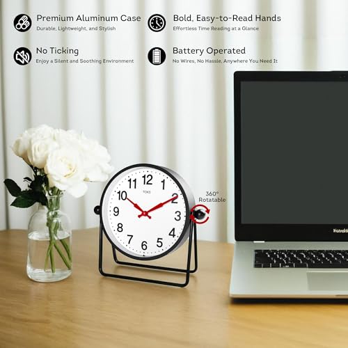 Lily's Home Desk & Table Clock - Black - Minimalist Design - Tabletop Analog Clock - Large Numbers for Readability - Ideal for Office, Bedroom, Shelf Décor - 7.5'' x 2.5'' x 7.3''