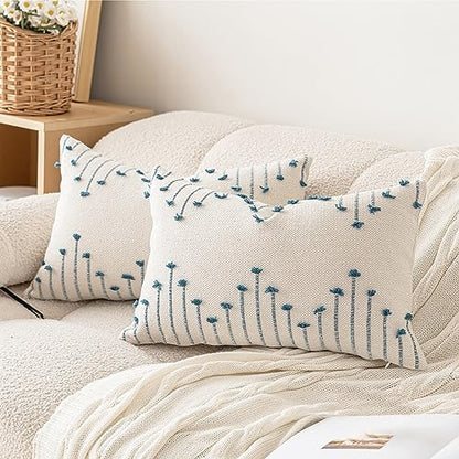 LILEPOY Boho Throw Pillow Covers 12x20 Farmhouse Lumbar Couch Pillow case - color: Beige and Blue, size: 20" x 12" (Pack of 2)