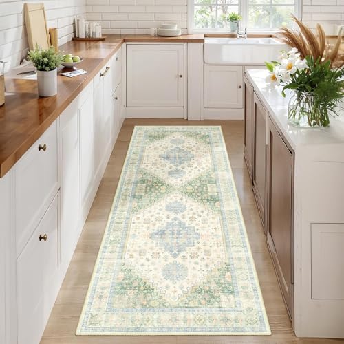 MUJOO Washable Runner Rug 2x6 Area Rugs Low Pile Non Slip Green and Blue - color: Green and Blue, size: 2' x 6' (Rectangular)