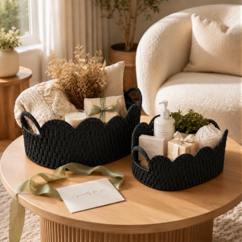 Endymion Set of 2 Paper Rope Scalloped Basket, Wicker Storage Baskets Black - color: Black