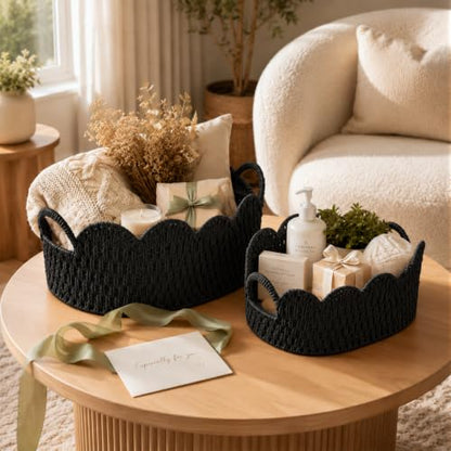Endymion Set of 2 Paper Rope Scalloped Basket, Wicker Storage Baskets Black - color: Black