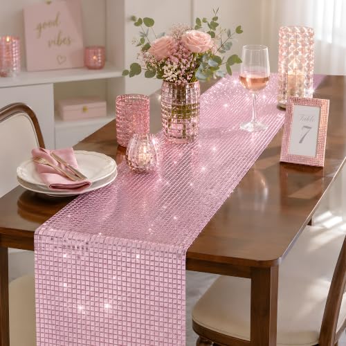 Disco Party Decorations - Pink Glitter Disco Table Runner - color: Pink Sequin Glitter